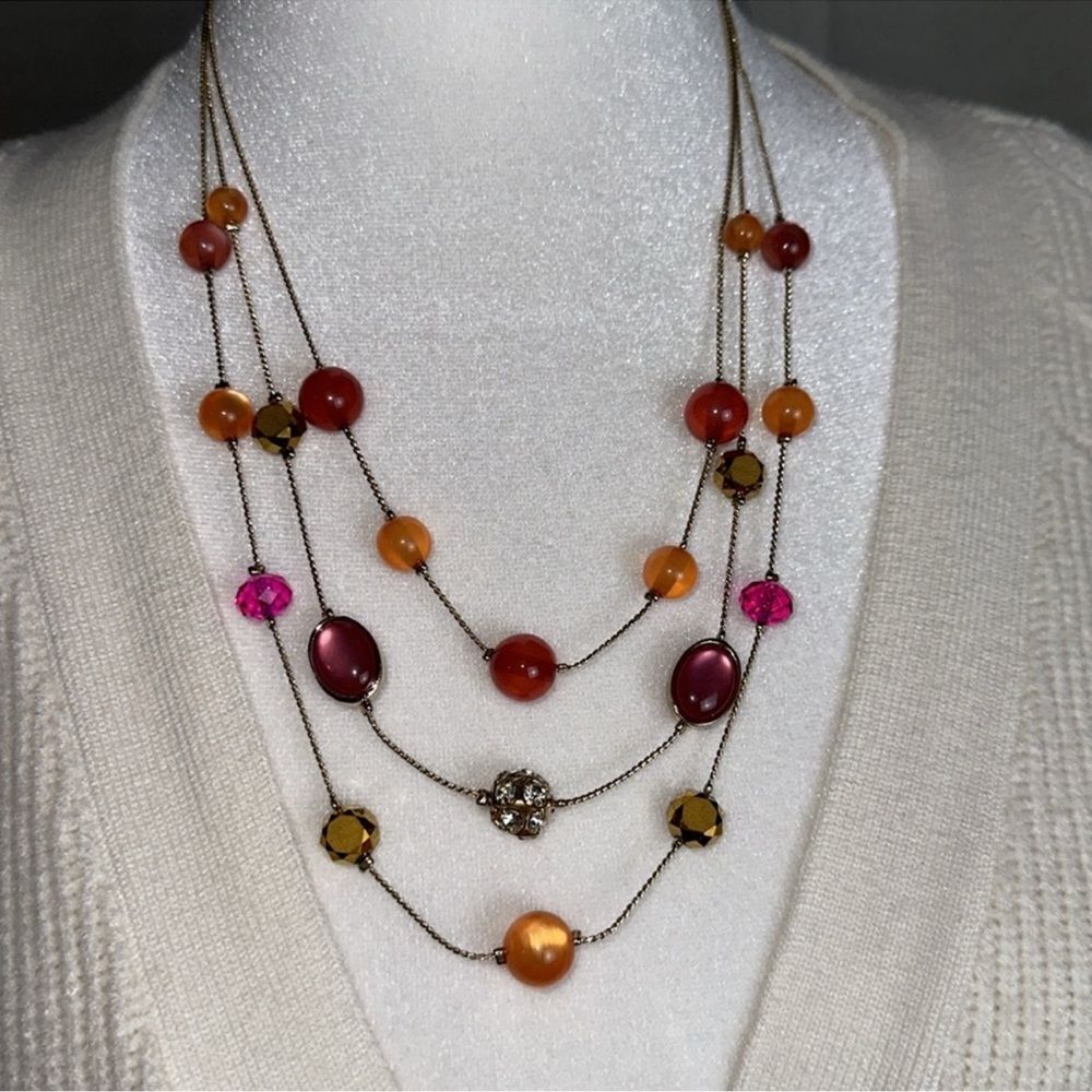 avenue Pink Tangerine Gold Tone Triple Strand Floating Illusion Necklace